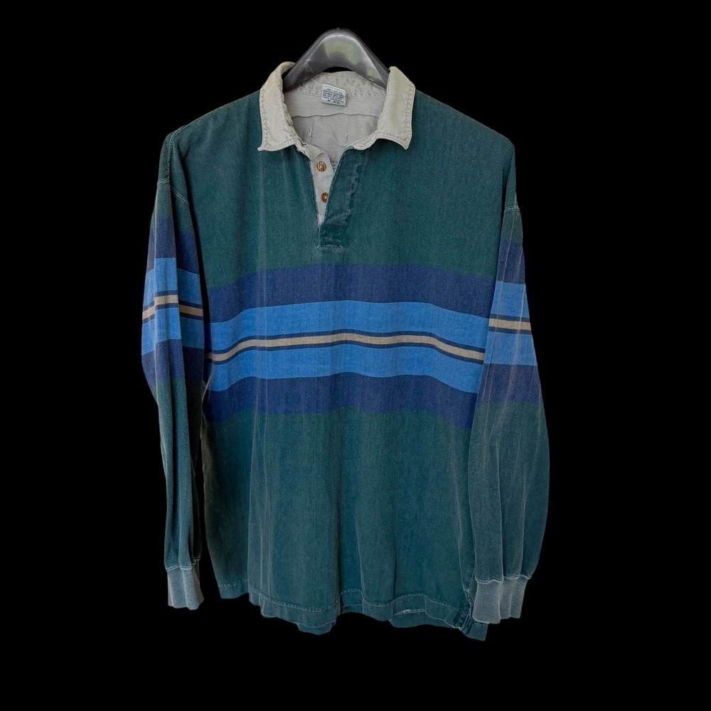 90's World Island Large Rugby Shirt Long Sleeve Striped Green Blue Preppy Polo